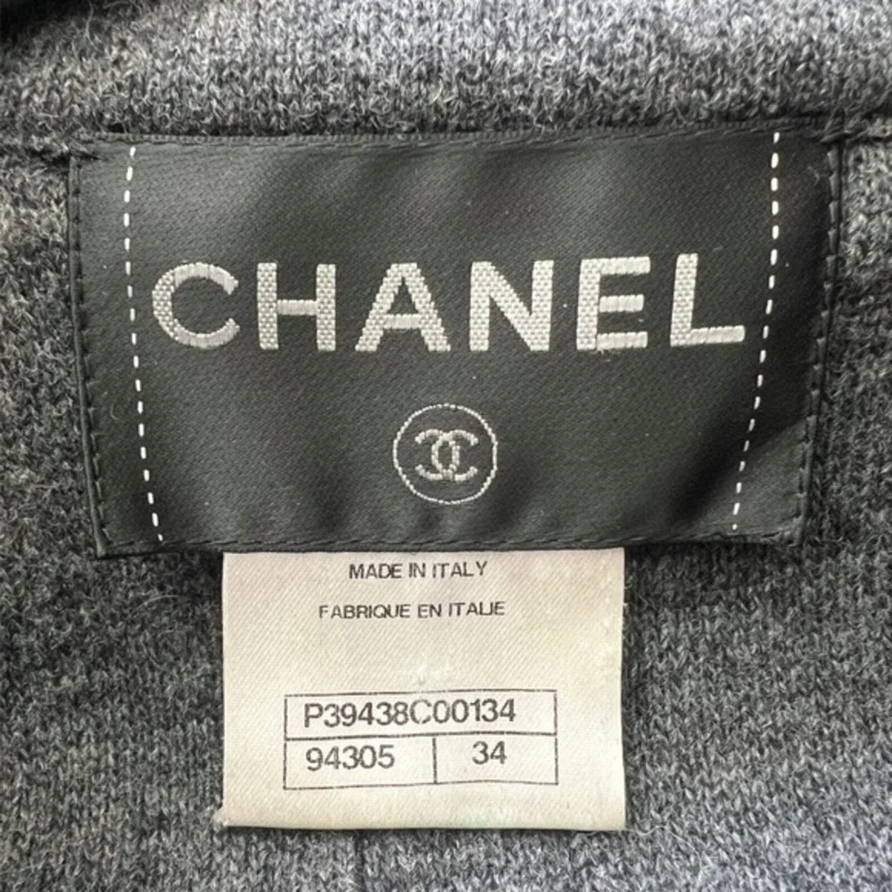 Chanel Black Leather Wool Jacket Quilted Trim CC Logo Buttons‎ Size 34